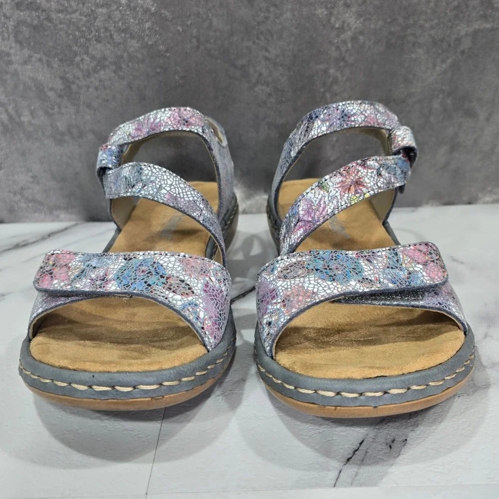 Rieker Antistress Regina C7 Floral Metallic Leather Sandals Womens 38 US 7.5